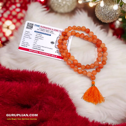 Gomed Mala 54+1 beads, also known as Hessonite Mala, featuring 8MM beads, lab certified, ideal for jaap, meditation, and daily wear.