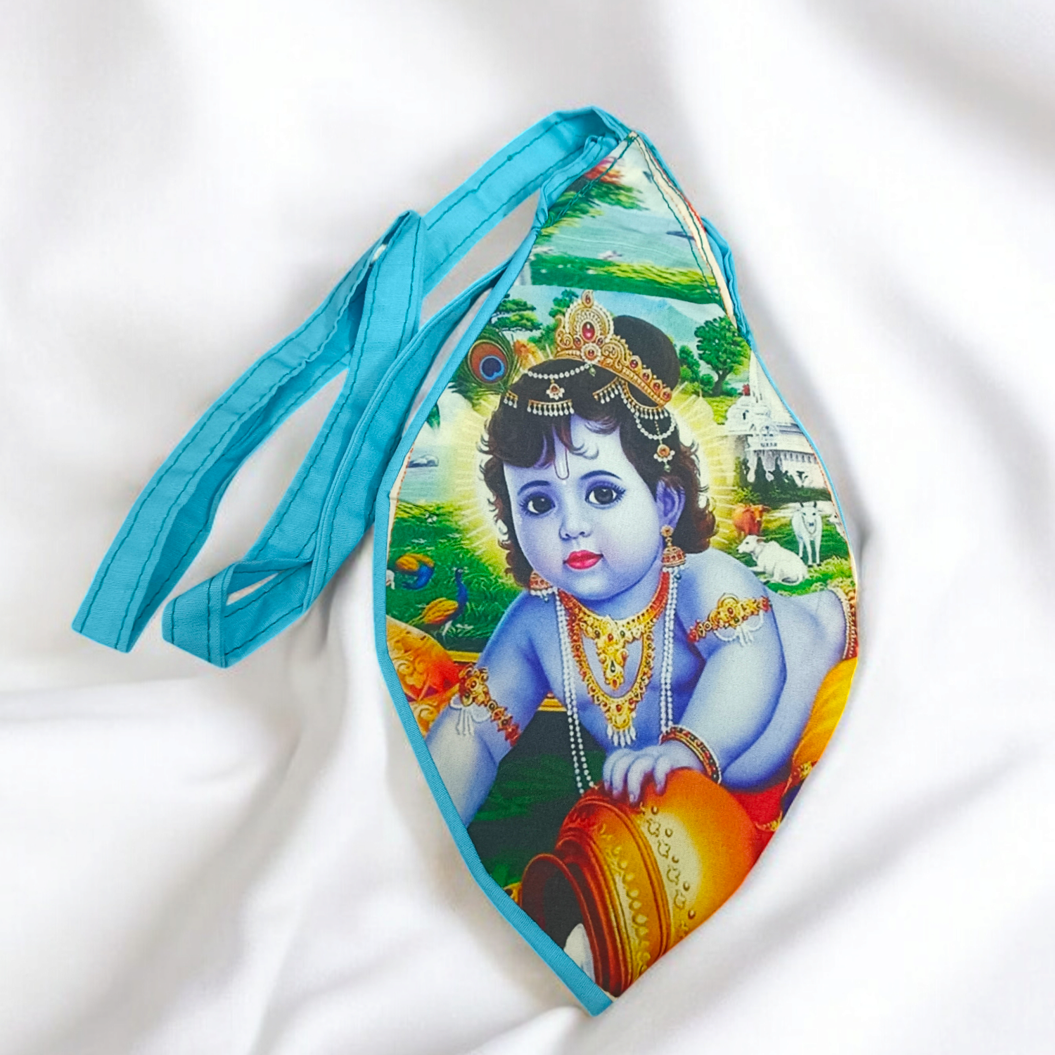 Gomukhi Bag featuring a Bal Gopal (Lord Krishna) print, made of 100% cotton, perfect for storing Japa Mala, prayer beads, and other spiritual items.