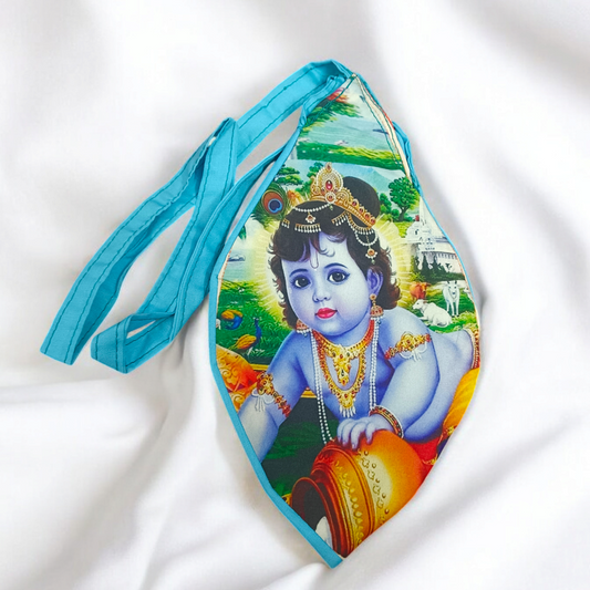 Gomukhi Bag featuring a Bal Gopal (Lord Krishna) print, made of 100% cotton, perfect for storing Japa Mala, prayer beads, and other spiritual items.