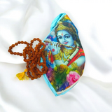 Gomukhi Bag featuring a divine Krishna Ji print, made from 100% cotton, perfect for storing Japa Mala, prayer beads, and other spiritual items.