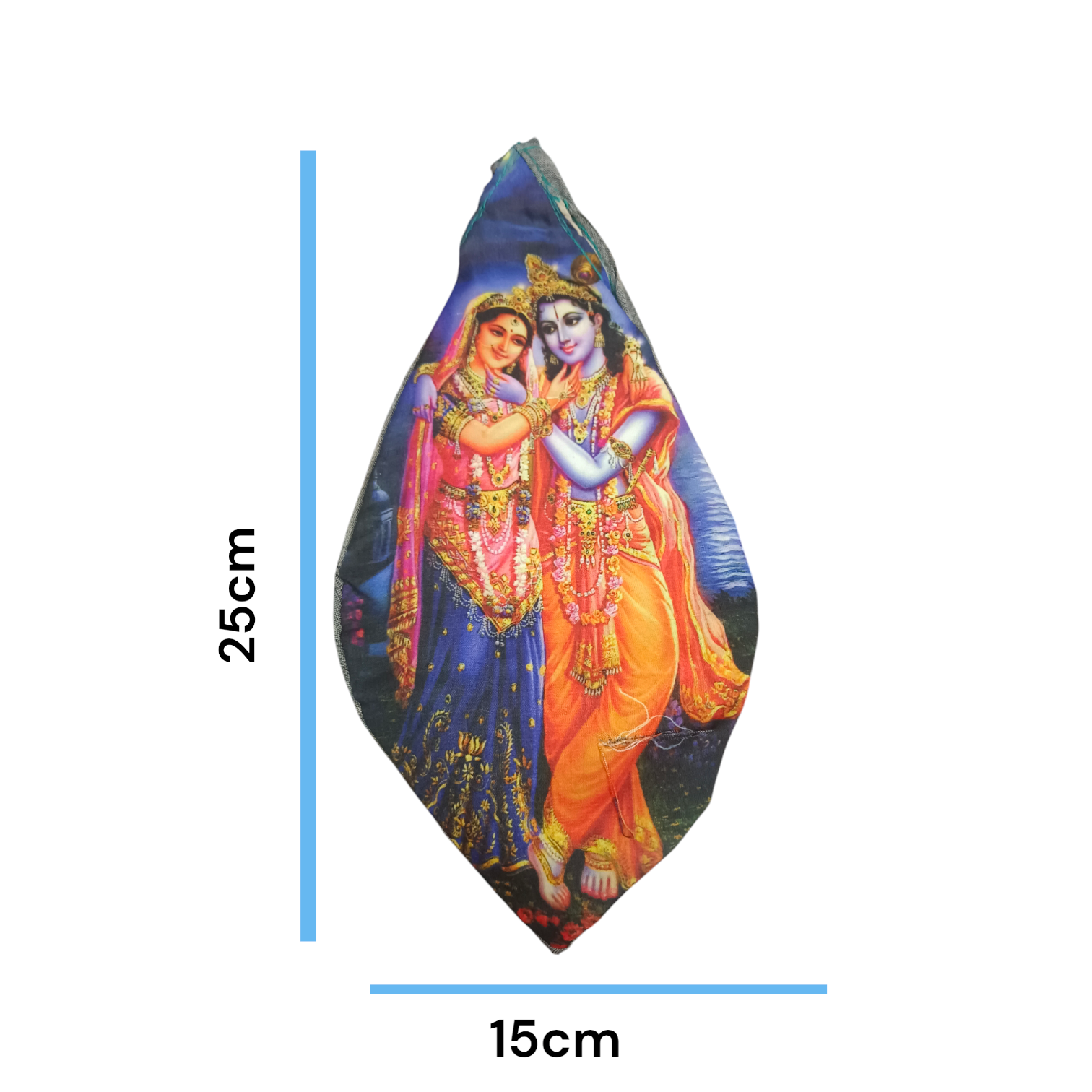 Gomukhi Bag featuring a divine Radha Krishna Jugal print, made from 100% cotton, designed for storing Japa Mala, prayer beads, and other spiritual items.