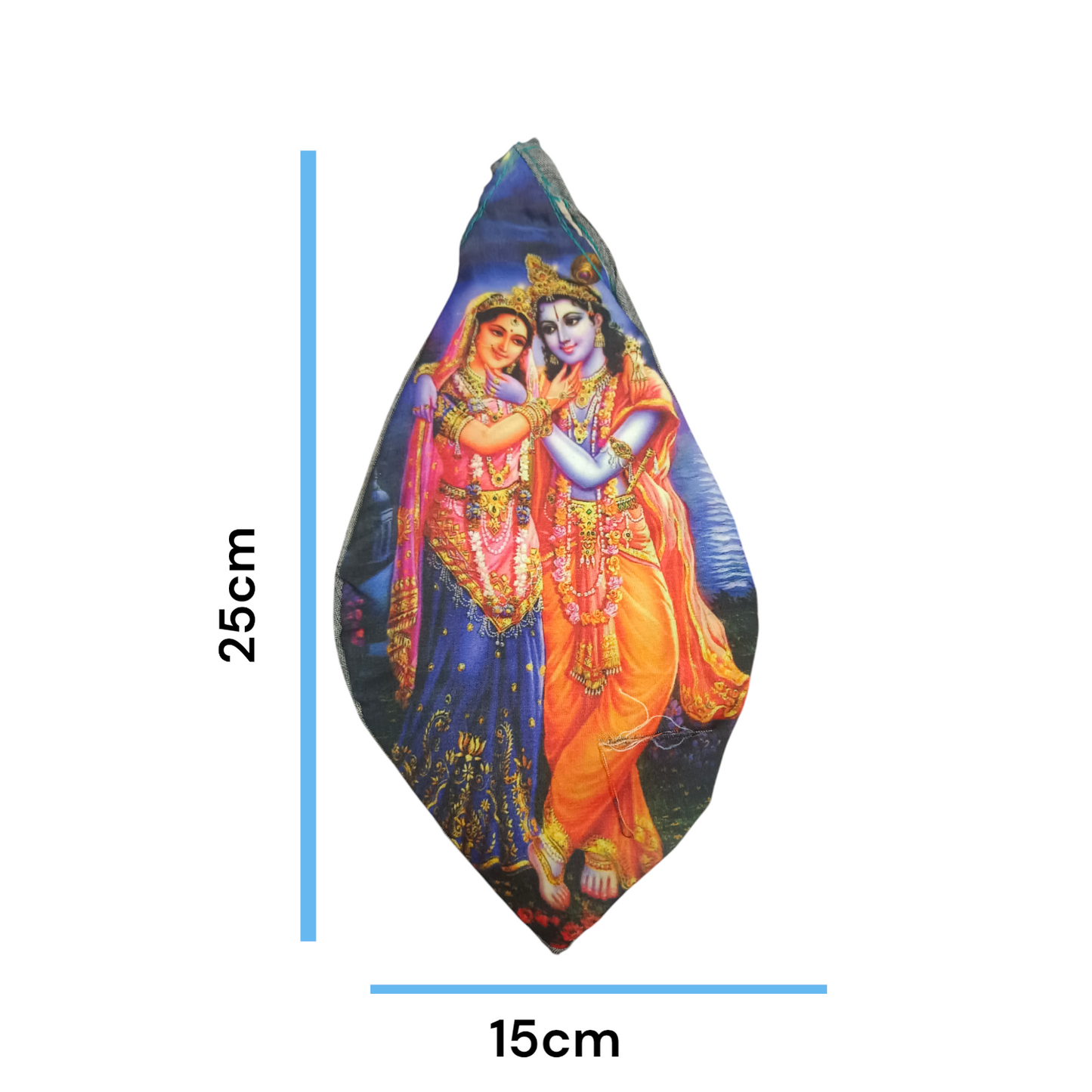 Gomukhi Bag featuring a divine Radha Krishna Jugal print, made from 100% cotton, designed for storing Japa Mala, prayer beads, and other spiritual items.