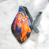Gomukhi Bag featuring a divine Radha Krishna Jugal print, made from 100% cotton, designed for storing Japa Mala, prayer beads, and other spiritual items.