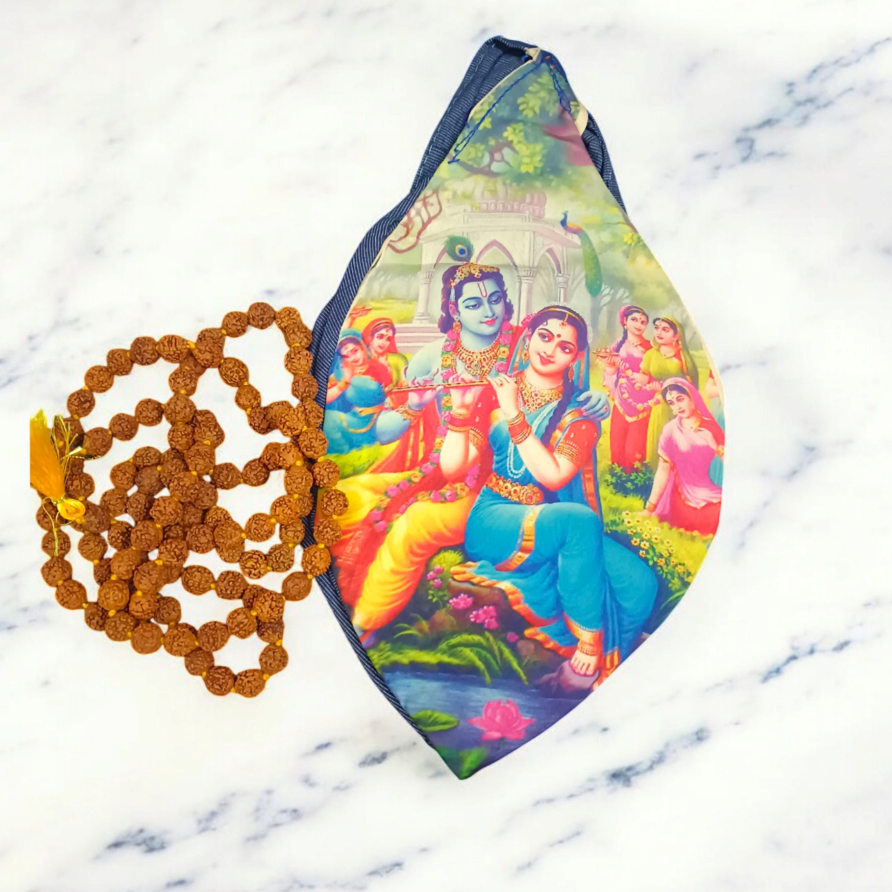Gomukhi Bag featuring a divine Radha Krishna print, made from 100% cotton, perfect for storing Japa Mala, prayer beads, and other spiritual items
