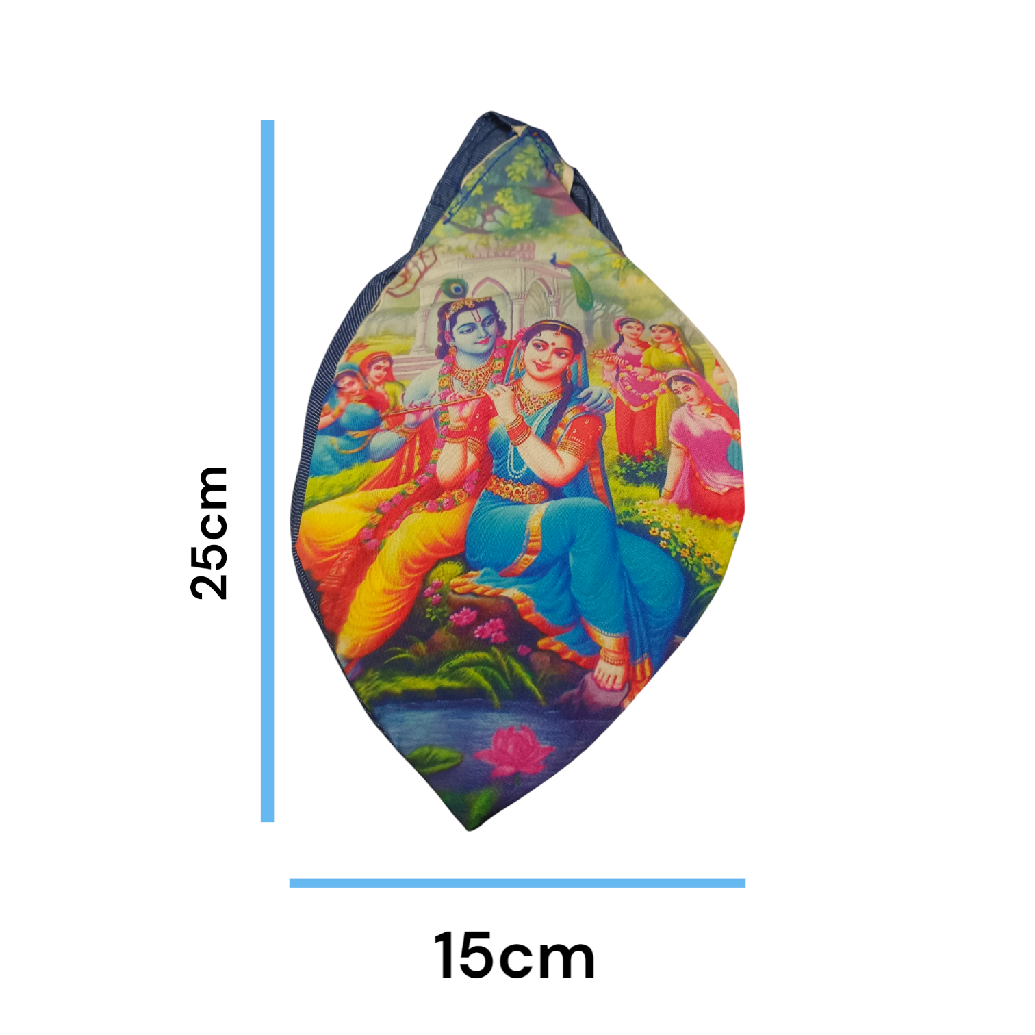 Gomukhi Bag featuring a divine Radha Krishna print, made from 100% cotton, perfect for storing Japa Mala, prayer beads, and other spiritual items