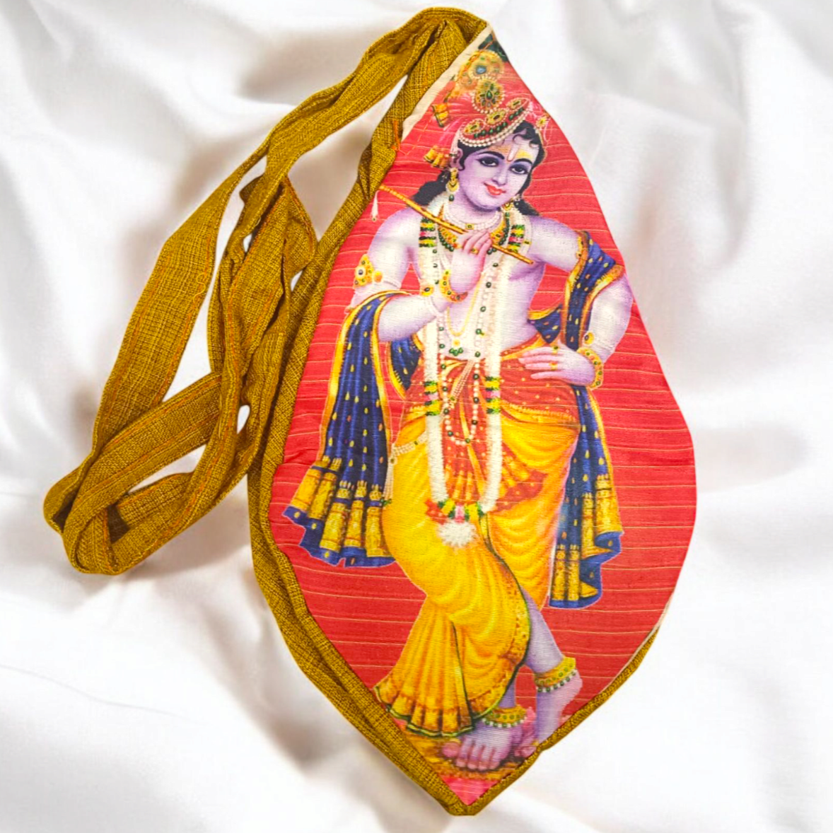 Gomukhi Bag featuring a serene Krishna Ji print, made from 100% cotton, perfect for storing Japa Mala, prayer beads, and other spiritual items.