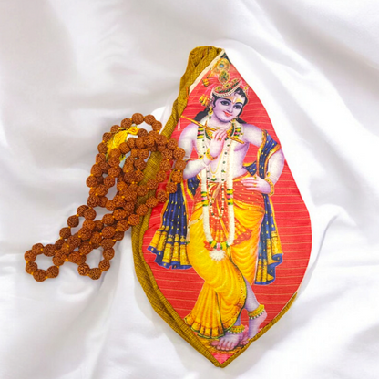 Gomukhi Bag featuring a serene Krishna Ji print, made from 100% cotton, perfect for storing Japa Mala, prayer beads, and other spiritual items.