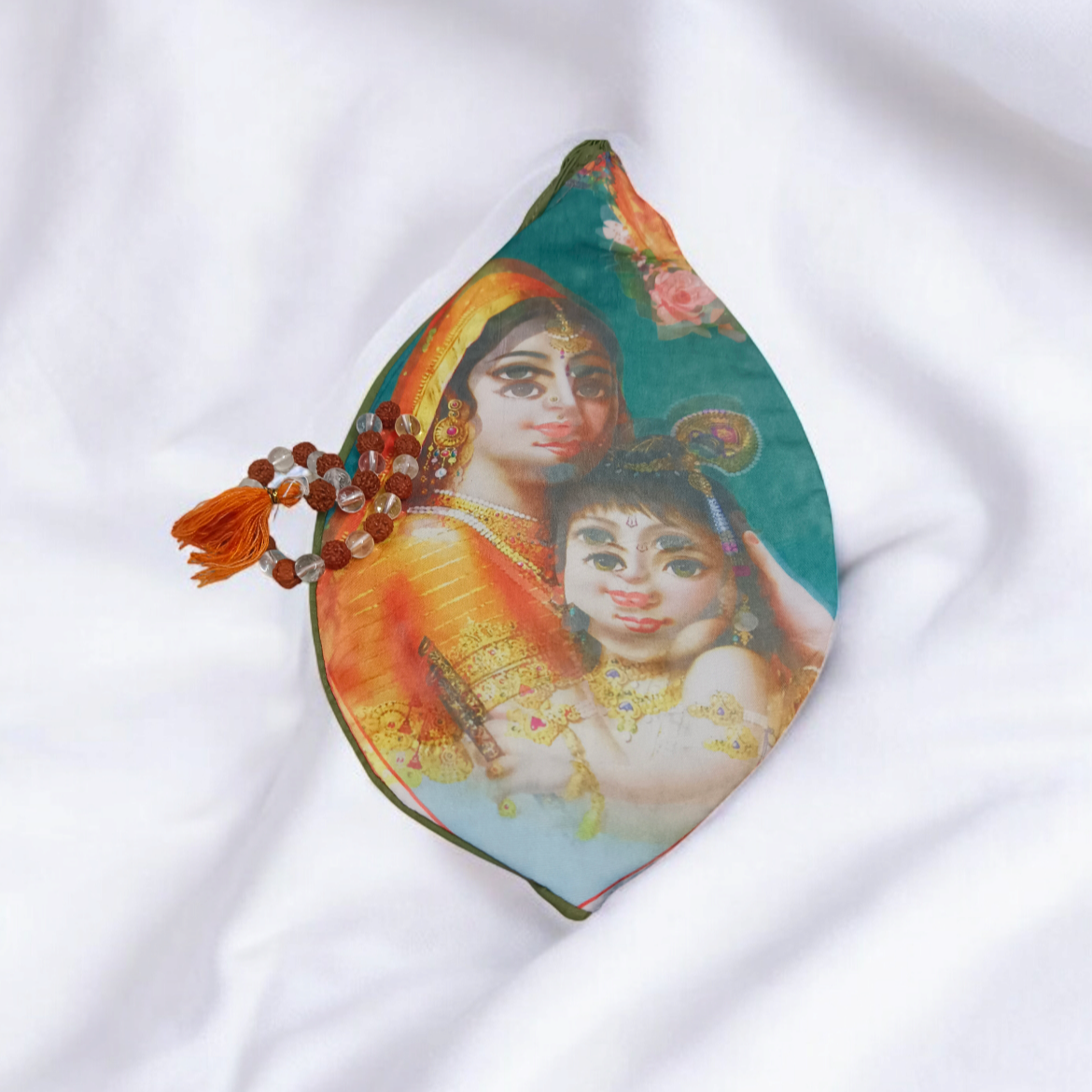 Gomukhi Bag with Bal Gopal (Lord Krishna) design, made from 100% cotton, perfect for storing Japa Mala, prayer beads, and other spiritual items.