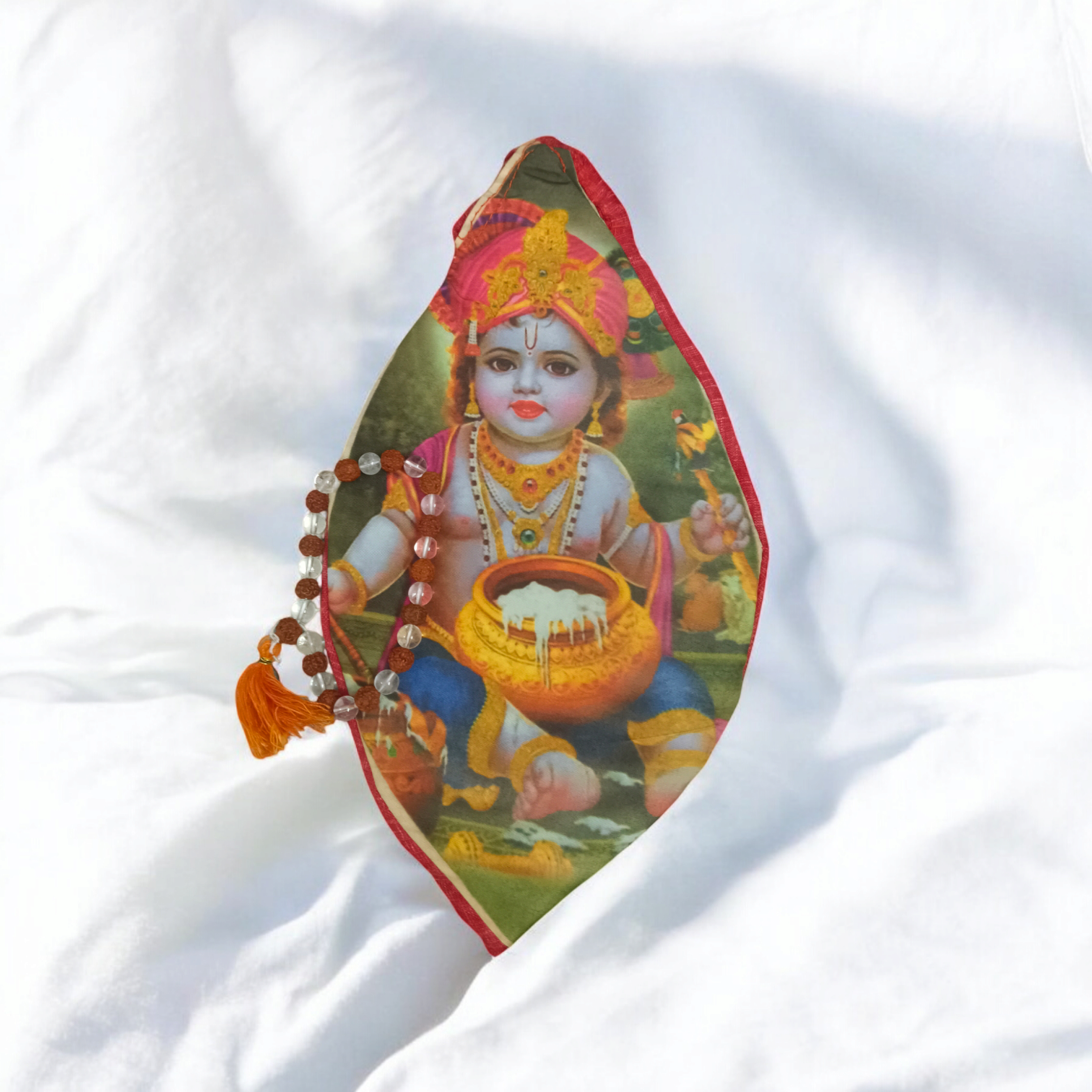 Gomukhi Bag with a divine Krishna Bal Gopal print, made of 100% cotton, perfect for storing Japa Mala, prayer beads, and other spiritual items.