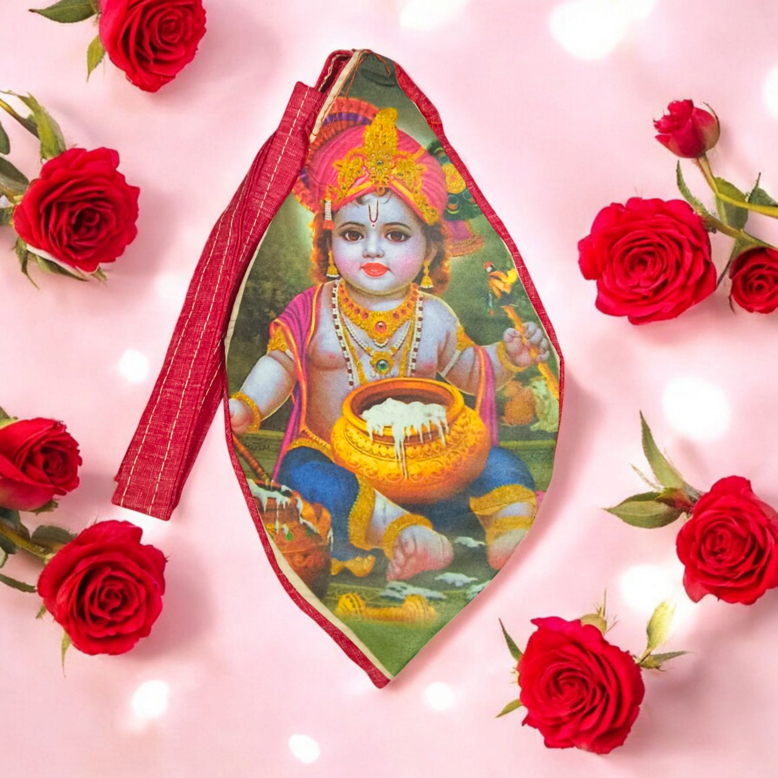 Gomukhi Bag with a divine Krishna Bal Gopal print, made of 100% cotton, perfect for storing Japa Mala, prayer beads, and other spiritual items.