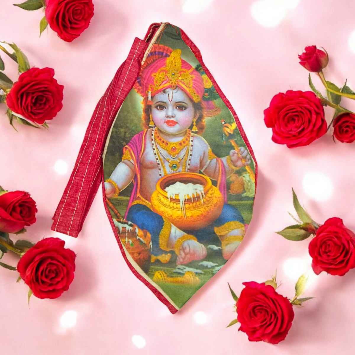 Gomukhi Bag with a divine Krishna Bal Gopal print, made of 100% cotton, perfect for storing Japa Mala, prayer beads, and other spiritual items.