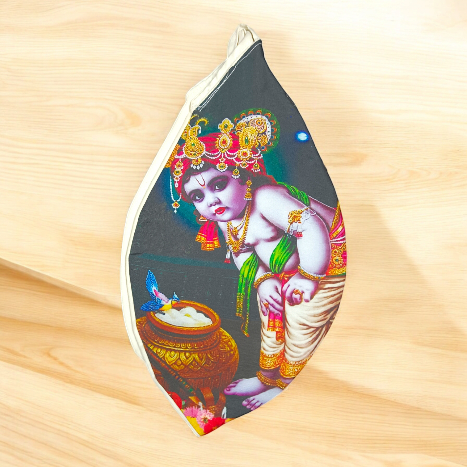 Gomukhi Bag with a divine Laddu Gopal print, made from 100% cotton, designed to store Japa Mala, prayer beads, and other spiritual items.