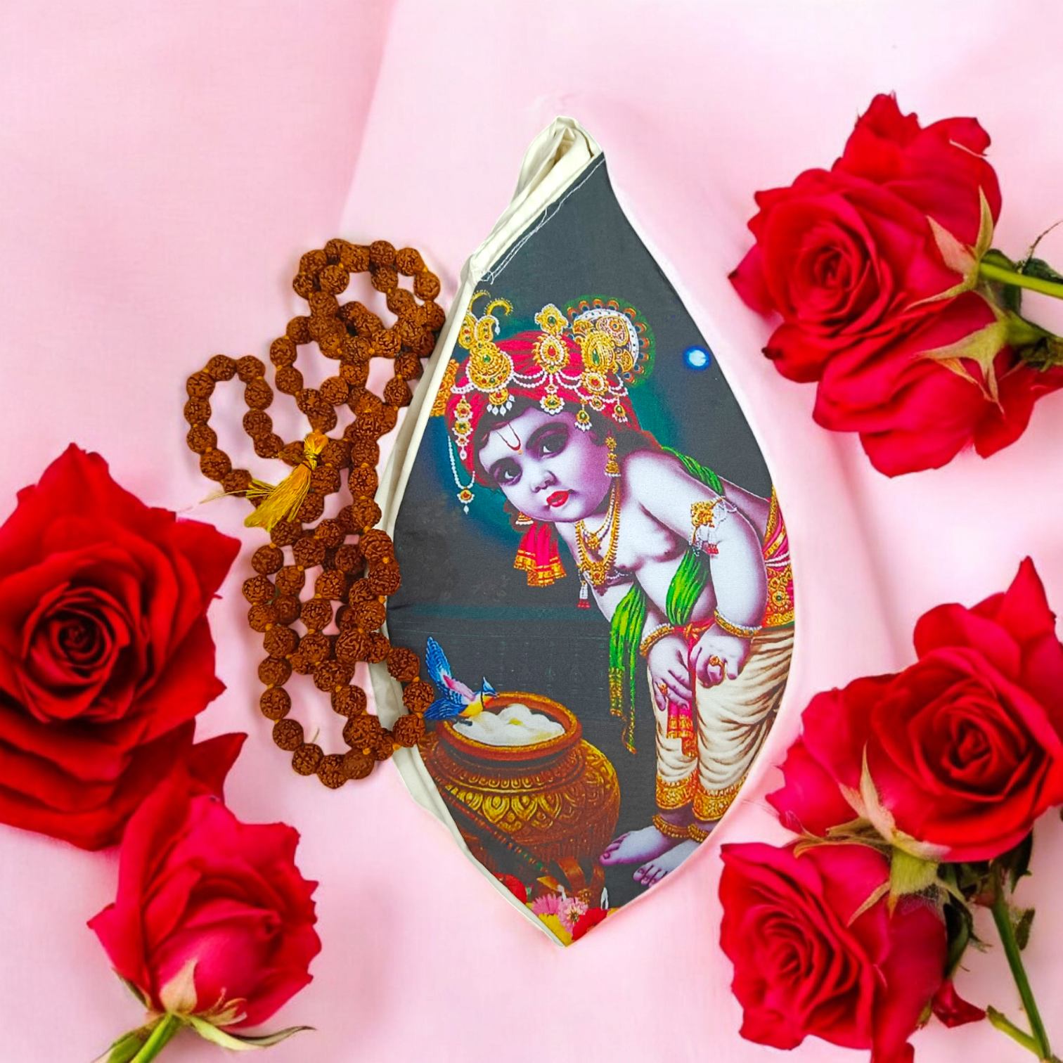 Gomukhi Bag with a divine Laddu Gopal print, made from 100% cotton, designed to store Japa Mala, prayer beads, and other spiritual items.