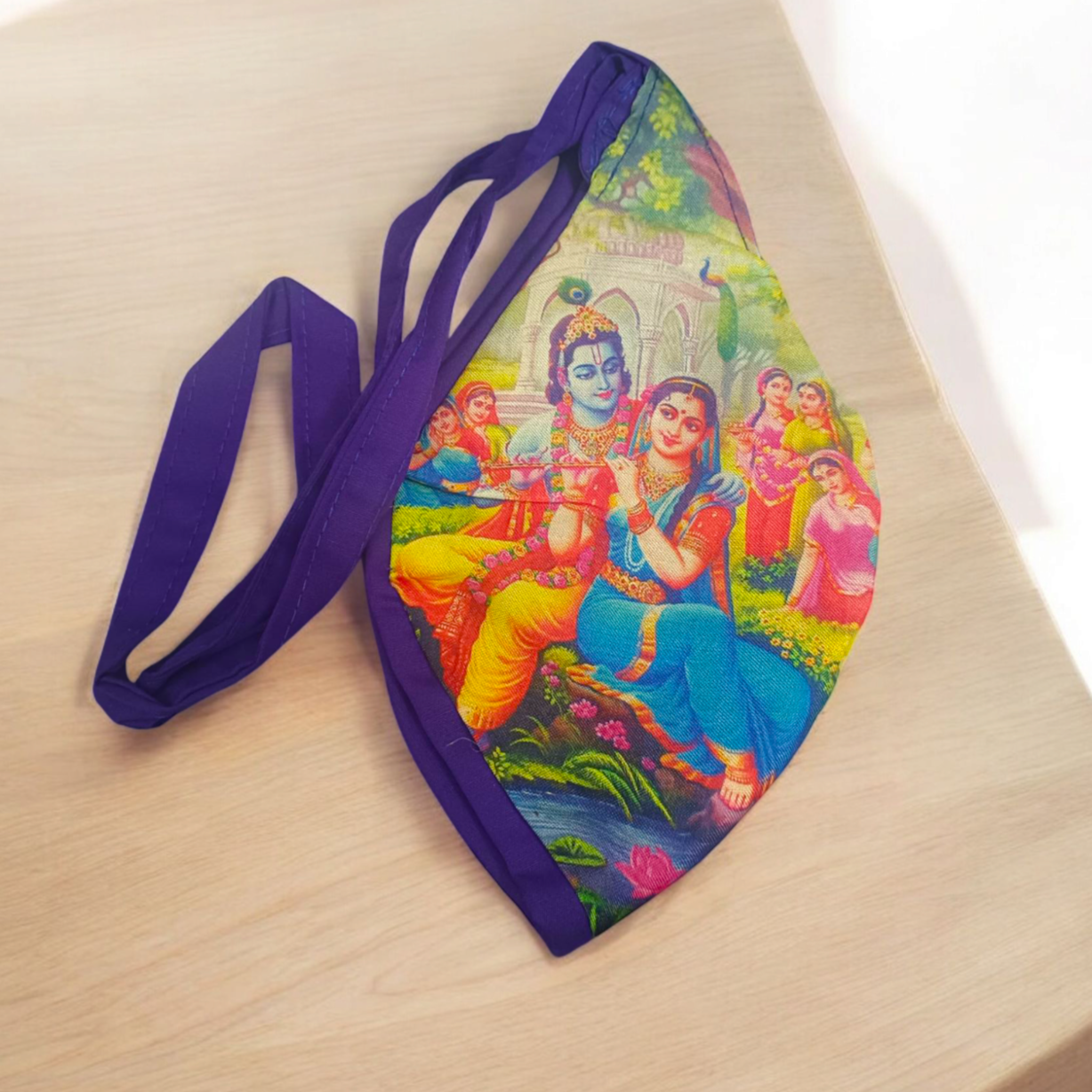 Gomukhi Bag with a vibrant Radha Krishna digital colourful print, made from 100% cotton, designed to store Japa Mala, prayer beads, and other spiritual items.