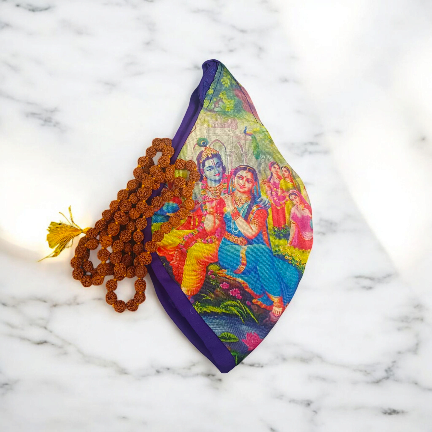 Gomukhi Bag with a vibrant Radha Krishna digital colourful print, made from 100% cotton, designed to store Japa Mala, prayer beads, and other spiritual items.