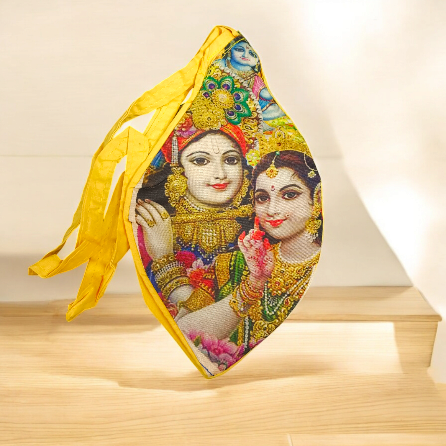 Goumukhi Bag featuring a Radha Krishna print, made from 100% cotton, designed to store Japa Mala, prayer beads, and other spiritual items.
