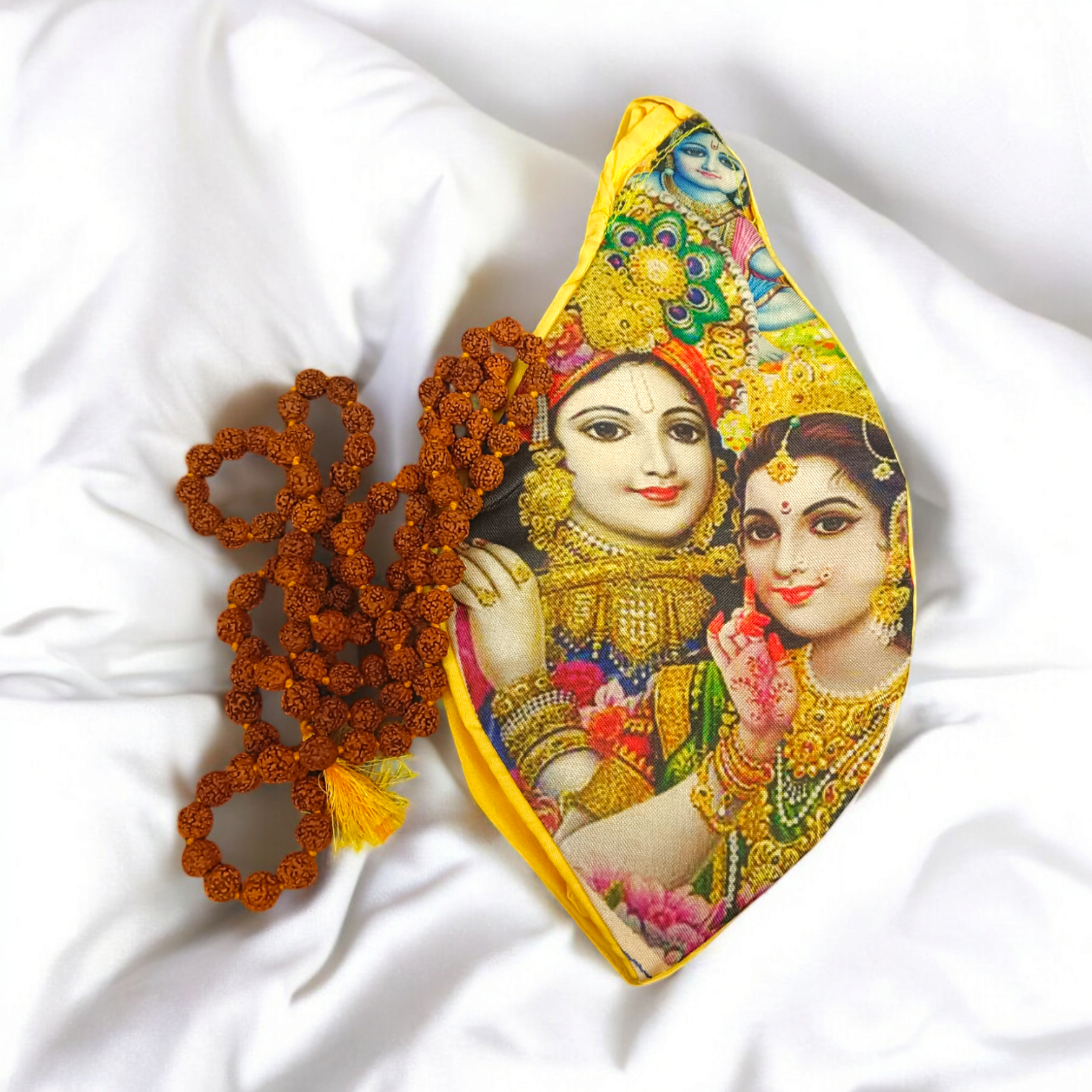 Goumukhi Bag featuring a Radha Krishna print, made from 100% cotton, designed to store Japa Mala, prayer beads, and other spiritual items.