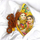 Goumukhi Bag featuring a Radha Krishna print, made from 100% cotton, designed to store Japa Mala, prayer beads, and other spiritual items.
