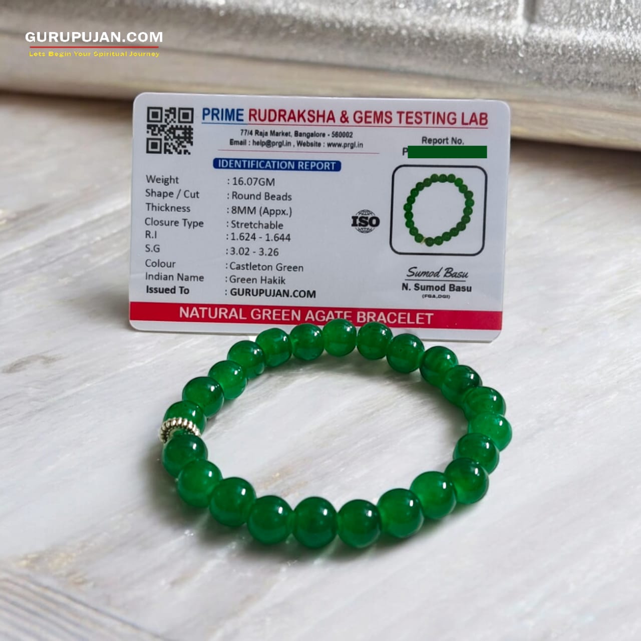 Green Agate Bracelet with 8MM natural beads, lab certified, stretchable design, promoting harmony, prosperity, and emotional healing.