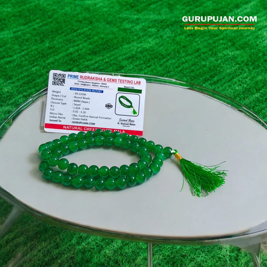 Green Agate Mala 54+1 beads, also known as Green Hakik Mala, featuring 8MM beads, lab certified, perfect for jaap, meditation, and daily wear.