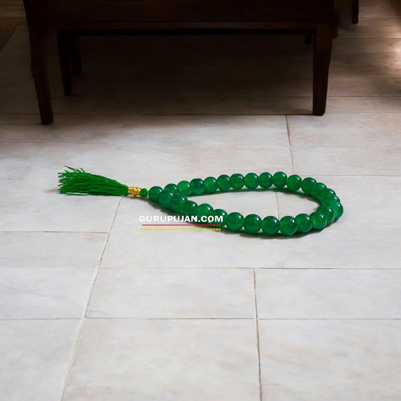 Green Agate Mala with 108 beads displayed on a spiritual setup, showcasing natural green hues and smooth polished finish