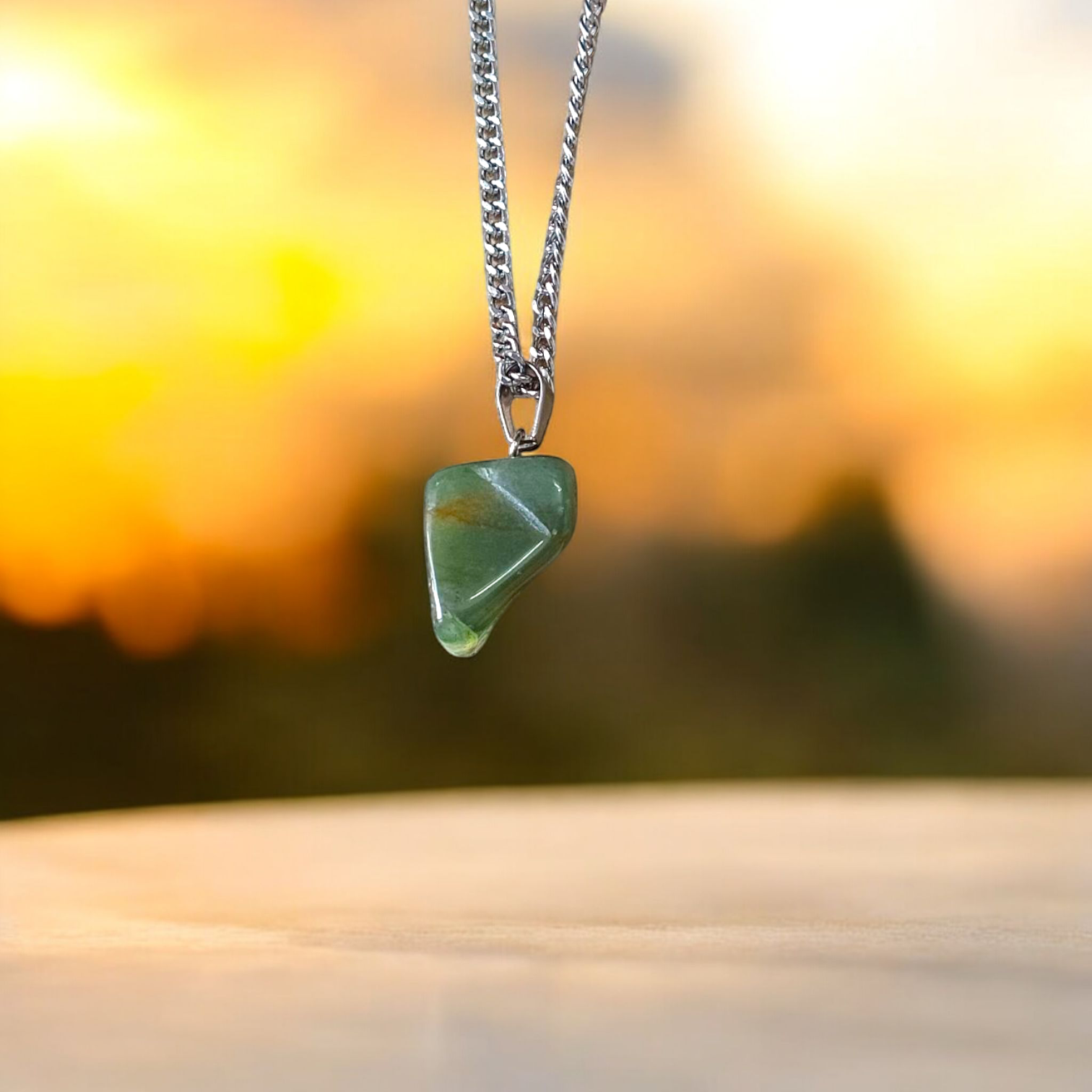 Green Aventurine Pendant with Metal Chain – African Green Jade Tumbled Healing Stone for Heart Chakra and Daily Wear