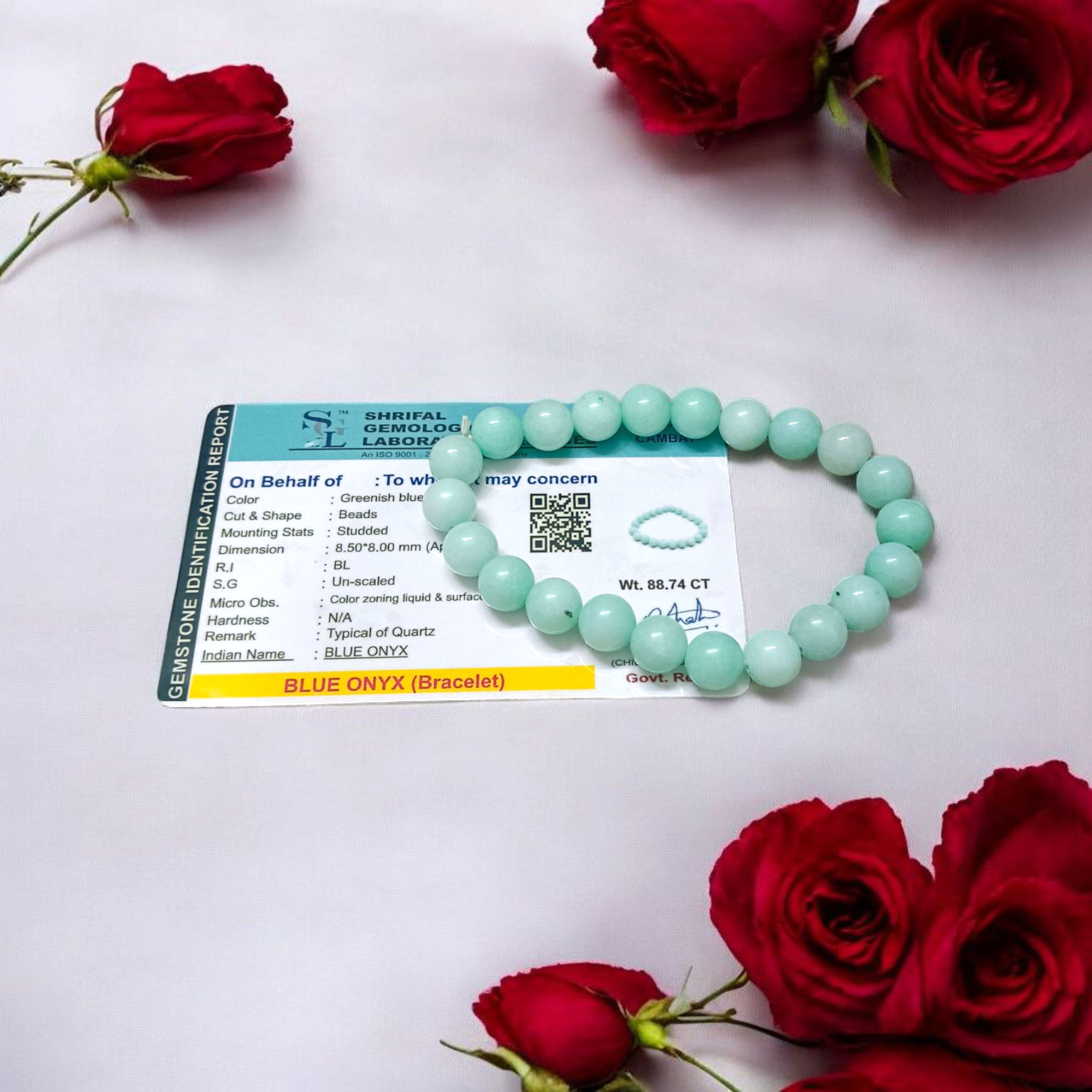 Greenish Blue Onyx Bracelet with Lab Certification, perfect for spiritual healing, stress relief, and daily