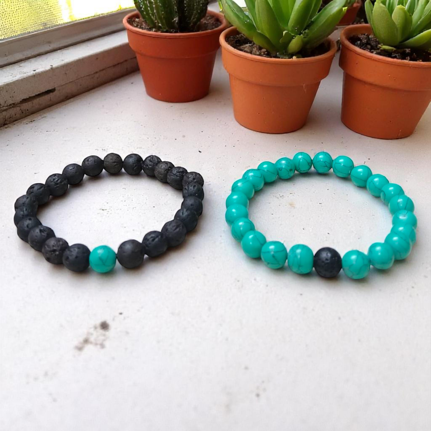Grounded Hearts Bracelet Set – 8MM Beads, Lab Certified Lava & Turquoise | Gurupujan