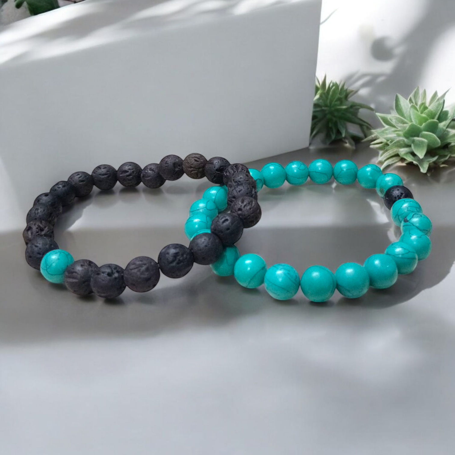 Grounded Hearts Bracelet Set – 8MM Beads, Lab Certified Lava & Turquoise | Gurupujan