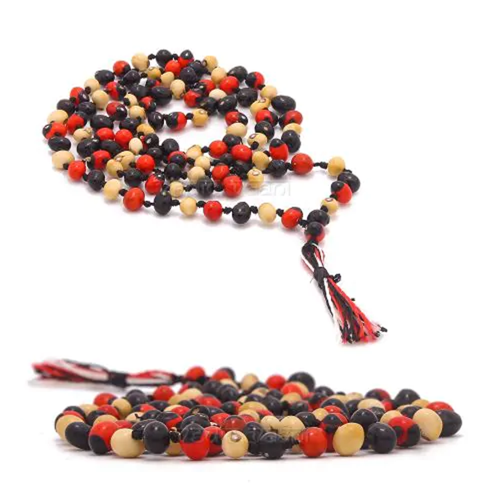 Gunja Mala made with a mix of red, white, and black Gunja seeds, lab certified, ideal for meditation, mantra chanting, and spiritual practices.