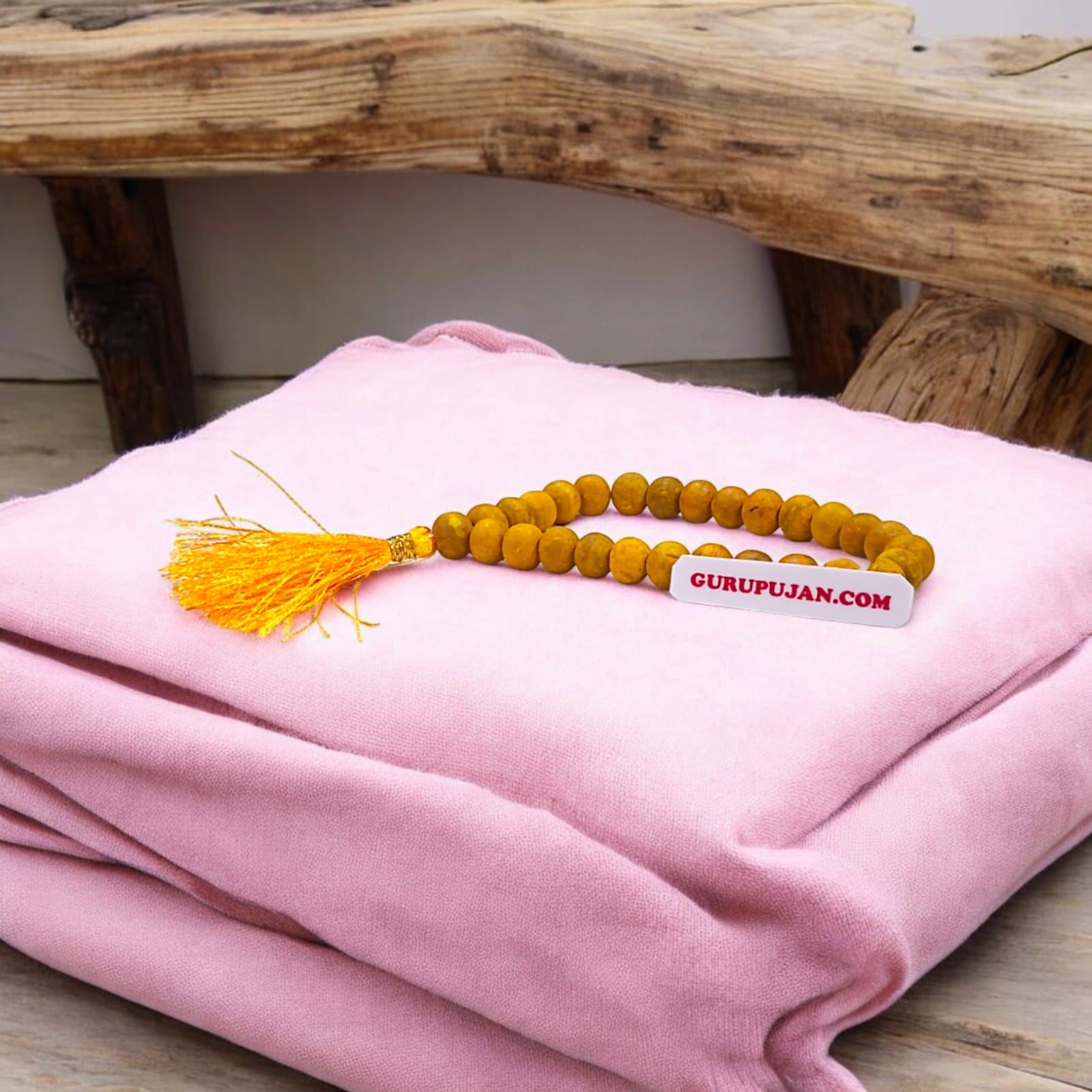Haldi Mala 27+1 beads made from natural turmeric, designed to enhance the effectiveness of mantras and spiritual practices.