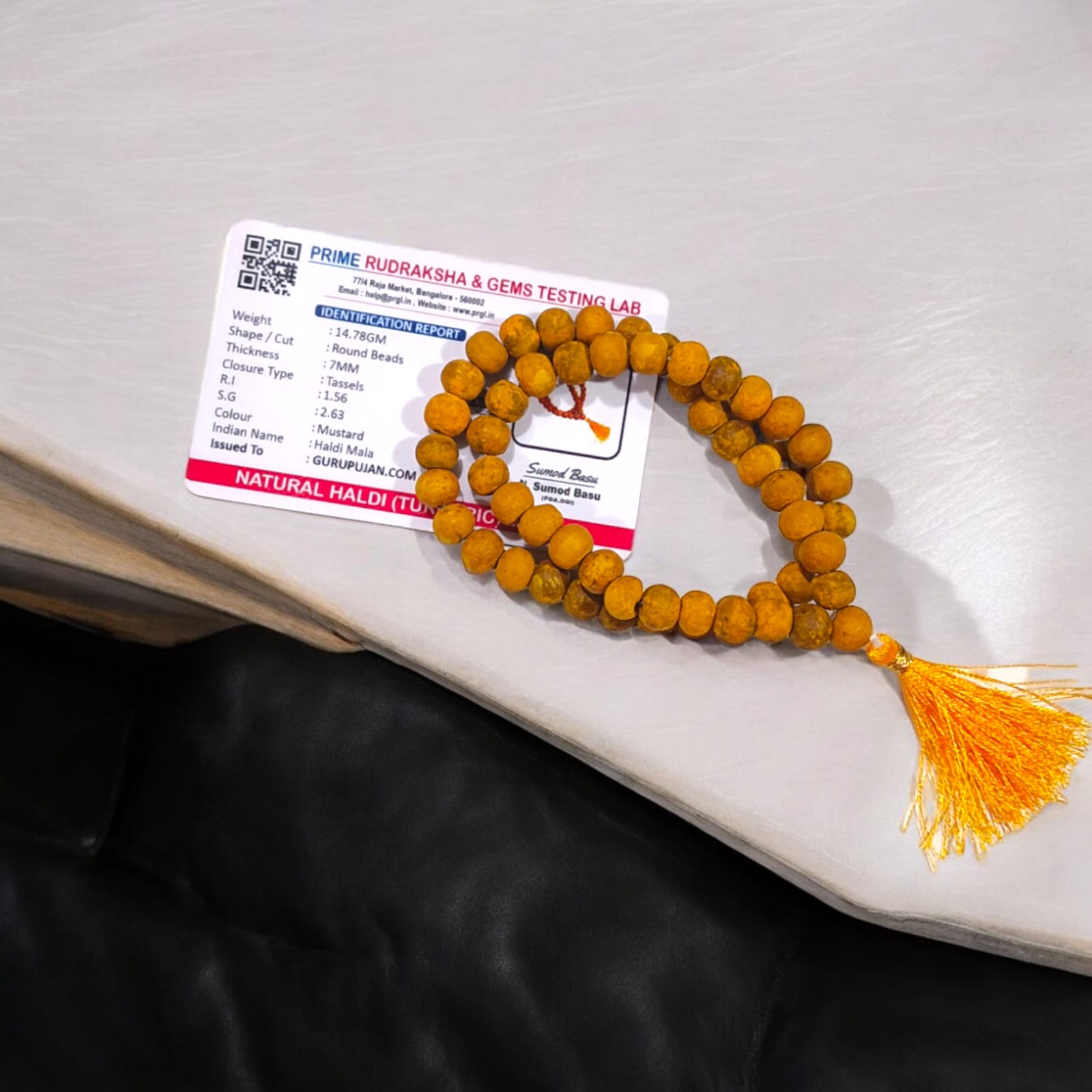 Haldi Mala 54+1 beads, made from natural turmeric beads, 8MM size, lab certified, ideal for jaap, meditation, and daily wear.