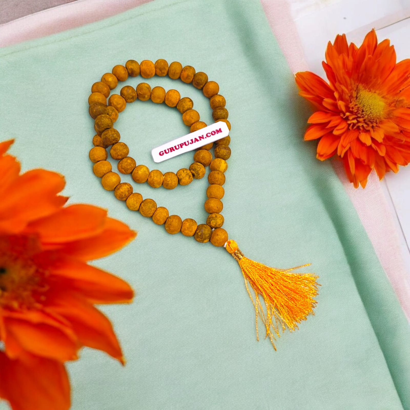 Haldi Mala 54+1 beads, made from natural turmeric beads, 8MM size, lab certified, ideal for jaap, meditation, and daily wear.