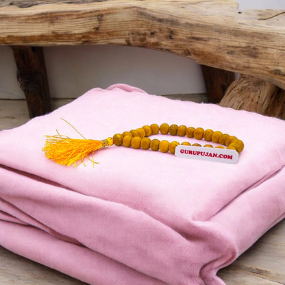Haldi Mala crafted from natural turmeric beads, lab-certified, available for Jaap and wearing, offering health and purification benefits.