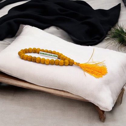 Haldi Mala crafted from natural turmeric beads, lab-certified, available for Jaap and wearing, offering health and purification benefits.