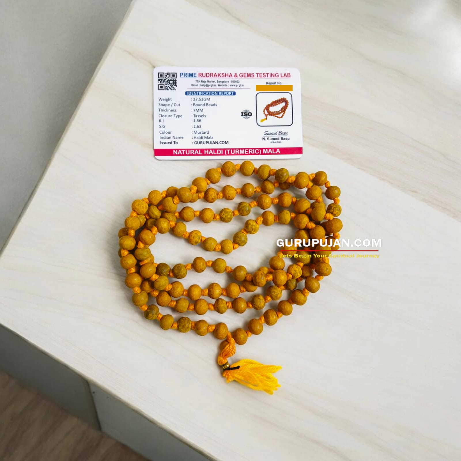 Haldi Mala crafted from natural turmeric beads, lab-certified, available for Jaap and wearing, offering health and purification benefits.
