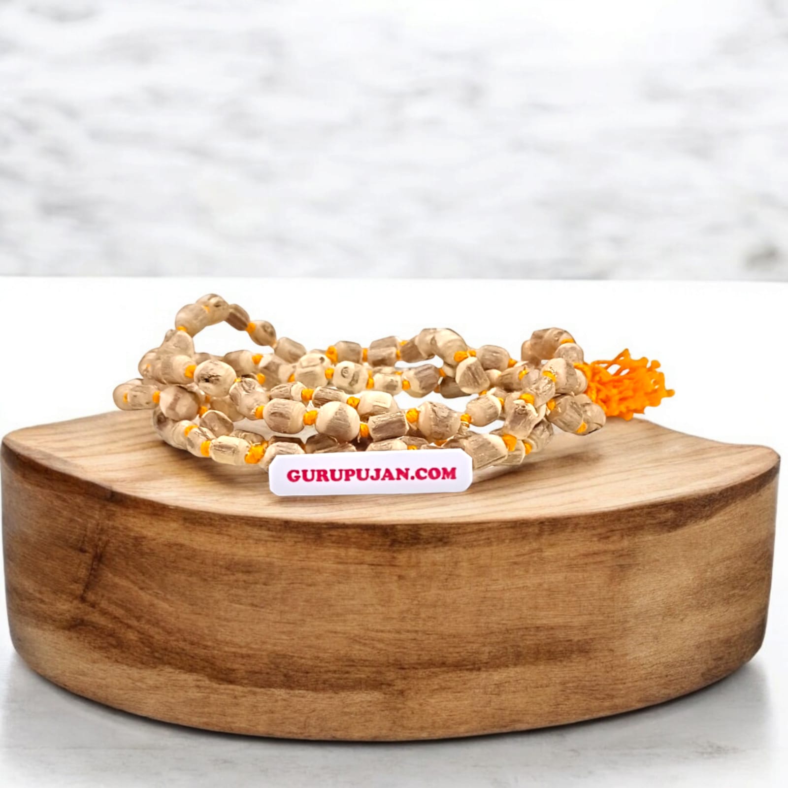 Handmade Natural Tulsi Kanthi Mala with barrel-shaped beads sourced from Vrindavan, ideal for chanting and daily wear to enhance spiritual devotion.