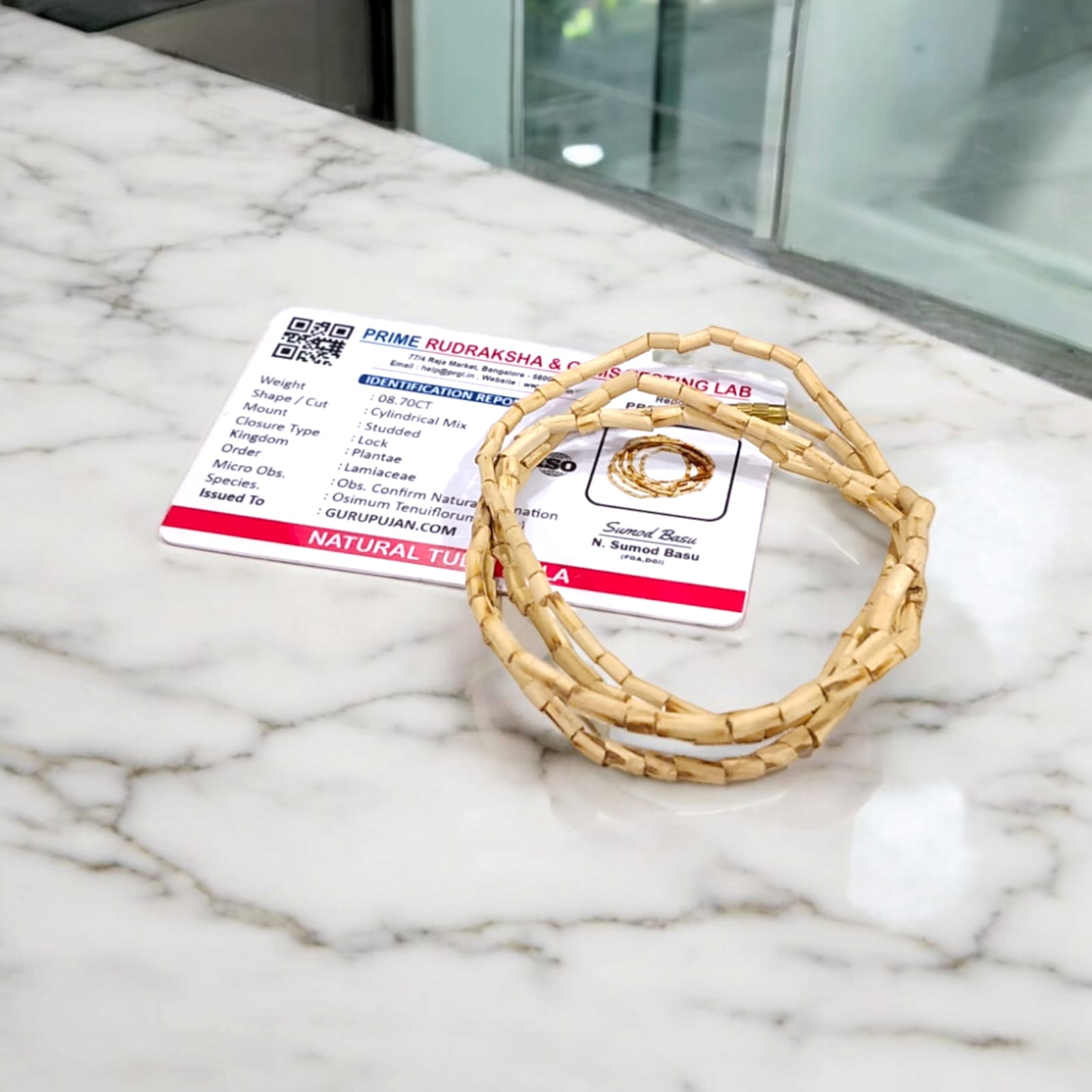 Handmade Natural Tulsi Neck Mala with barrel-shaped beads sourced from Vrindavan, ideal for spiritual devotion and protection for Lord Vishnu devotees.