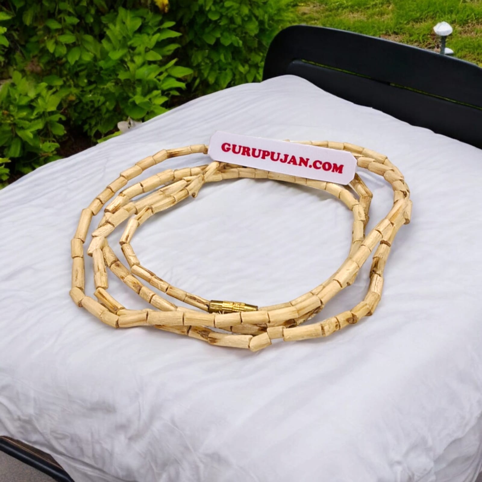 Handmade Natural Tulsi Neck Mala with barrel-shaped beads sourced from Vrindavan, ideal for spiritual devotion and protection for Lord Vishnu devotees.