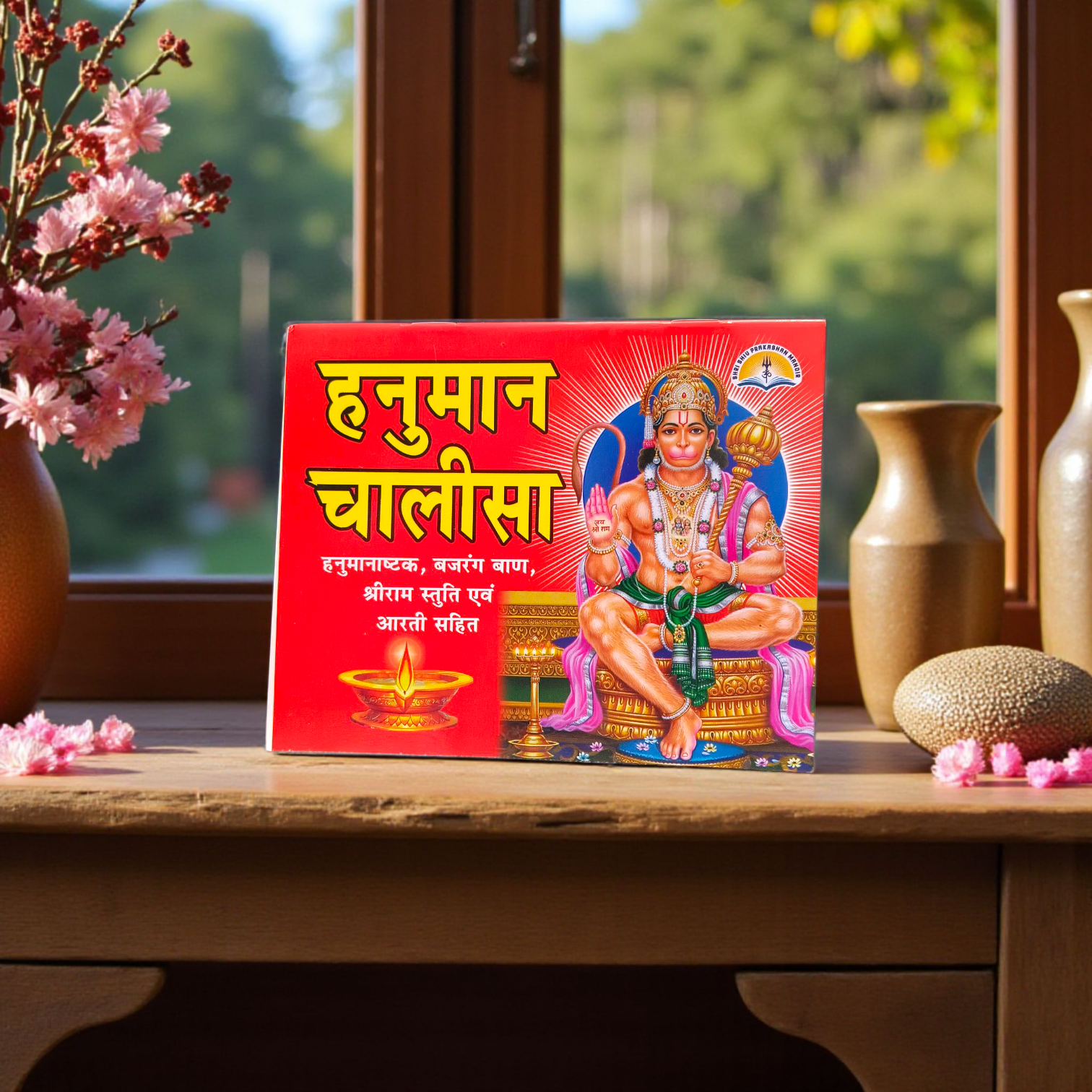 Hanuman Chalisa Hindi book with coloured pages showing Lord Hanuman and spiritual design for daily recitation