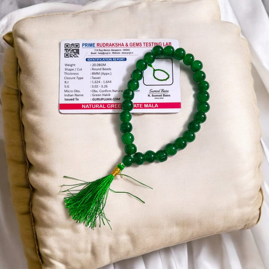 Hara Hakik Mala 27+1 Beads, Lab Certified Green Agate Jaap Mala by Gurupujan, ideal for improving decision-making and resolving disputes.