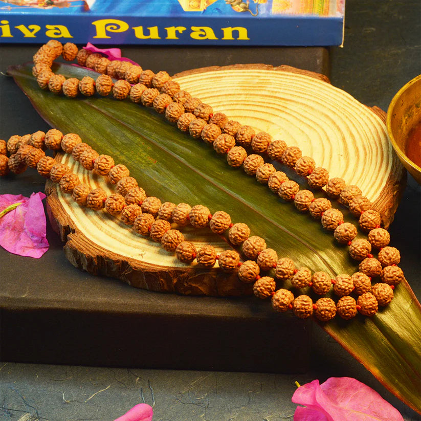 Image of 8 Mukhi Rudraksha mala with 27+1 and 108+1 bead variants displayed, showing lab certification badge and natural brown Rudraksha beads.