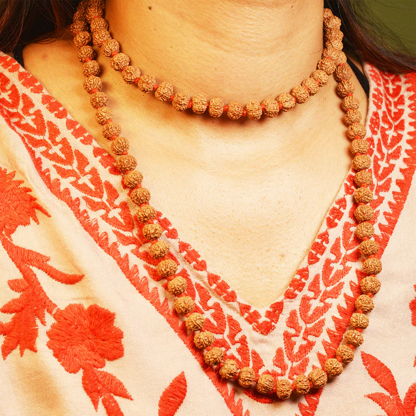 Image of 8 Mukhi Rudraksha mala with 27+1 and 108+1 bead variants displayed, showing lab certification badge and natural brown Rudraksha beads.
