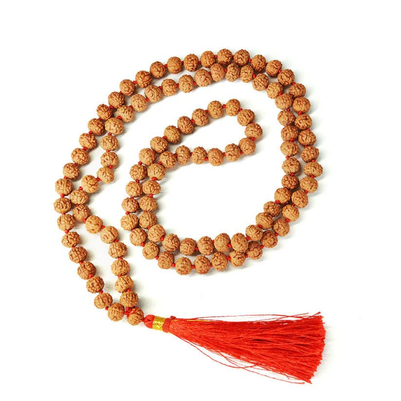 Image of 8 Mukhi Rudraksha mala with 27+1 and 108+1 bead variants displayed, showing lab certification badge and natural brown Rudraksha beads.