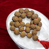 Image of 8 Mukhi Rudraksha mala with 27+1 and 108+1 bead variants displayed, showing lab certification badge and natural brown Rudraksha beads.