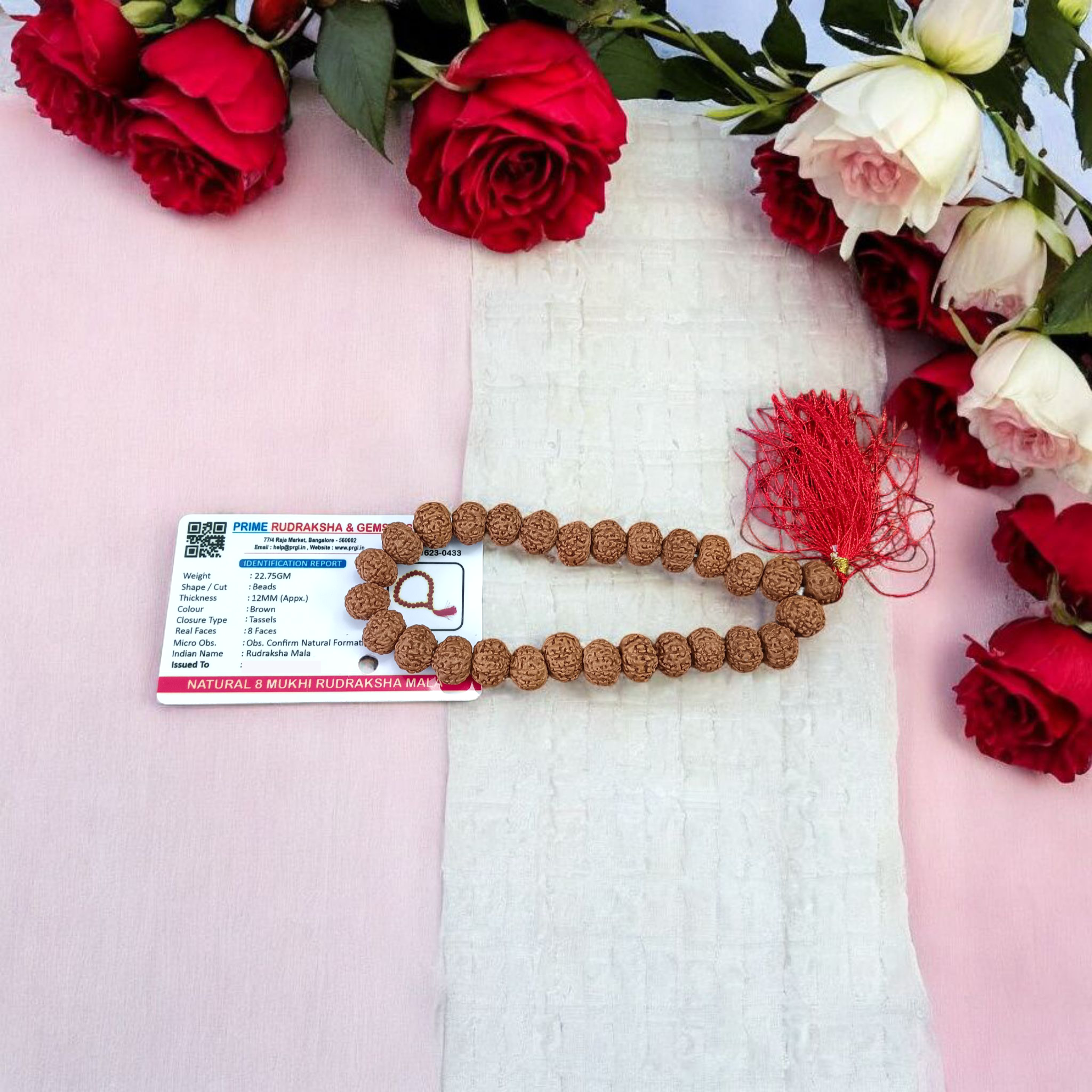 Image of 8 Mukhi Rudraksha mala with 27+1 and 108+1 bead variants displayed, showing lab certification badge and natural brown Rudraksha beads