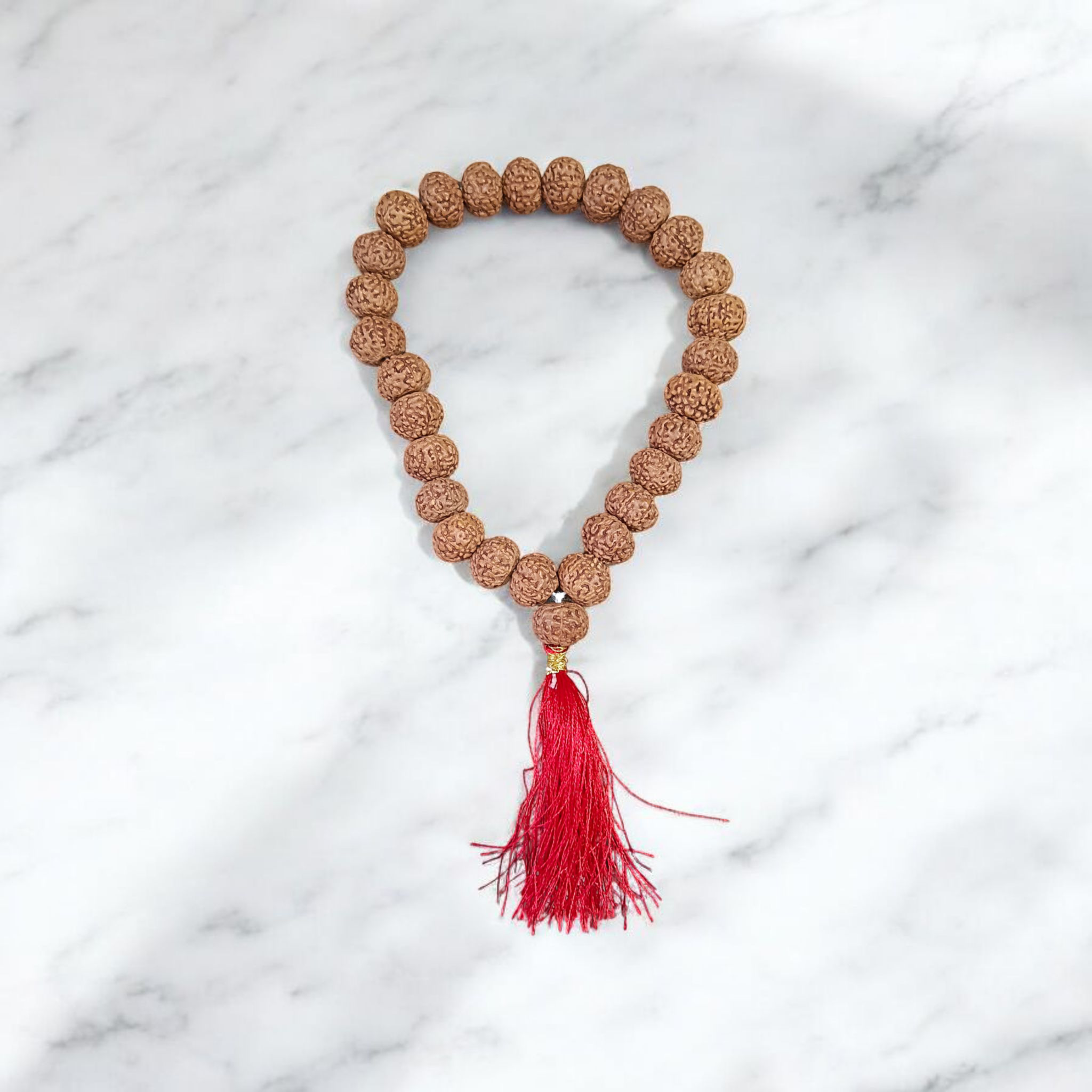 Image of 8 Mukhi Rudraksha mala with 27+1 and 108+1 bead variants displayed, showing lab certification badge and natural brown Rudraksha beads