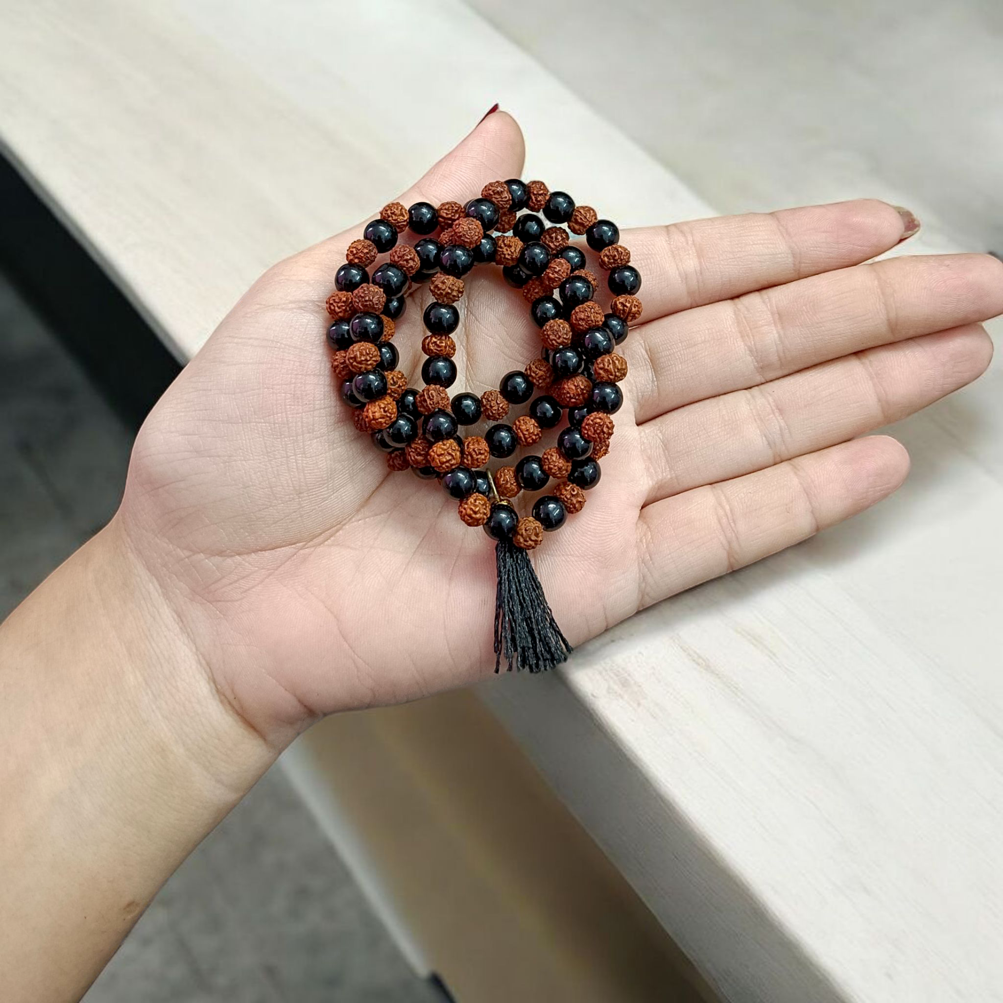 Image of Black Agate (Hakik) & Rudraksha Mala with 108+1 beads, made with 6mm lab-certified beads for meditation and protection