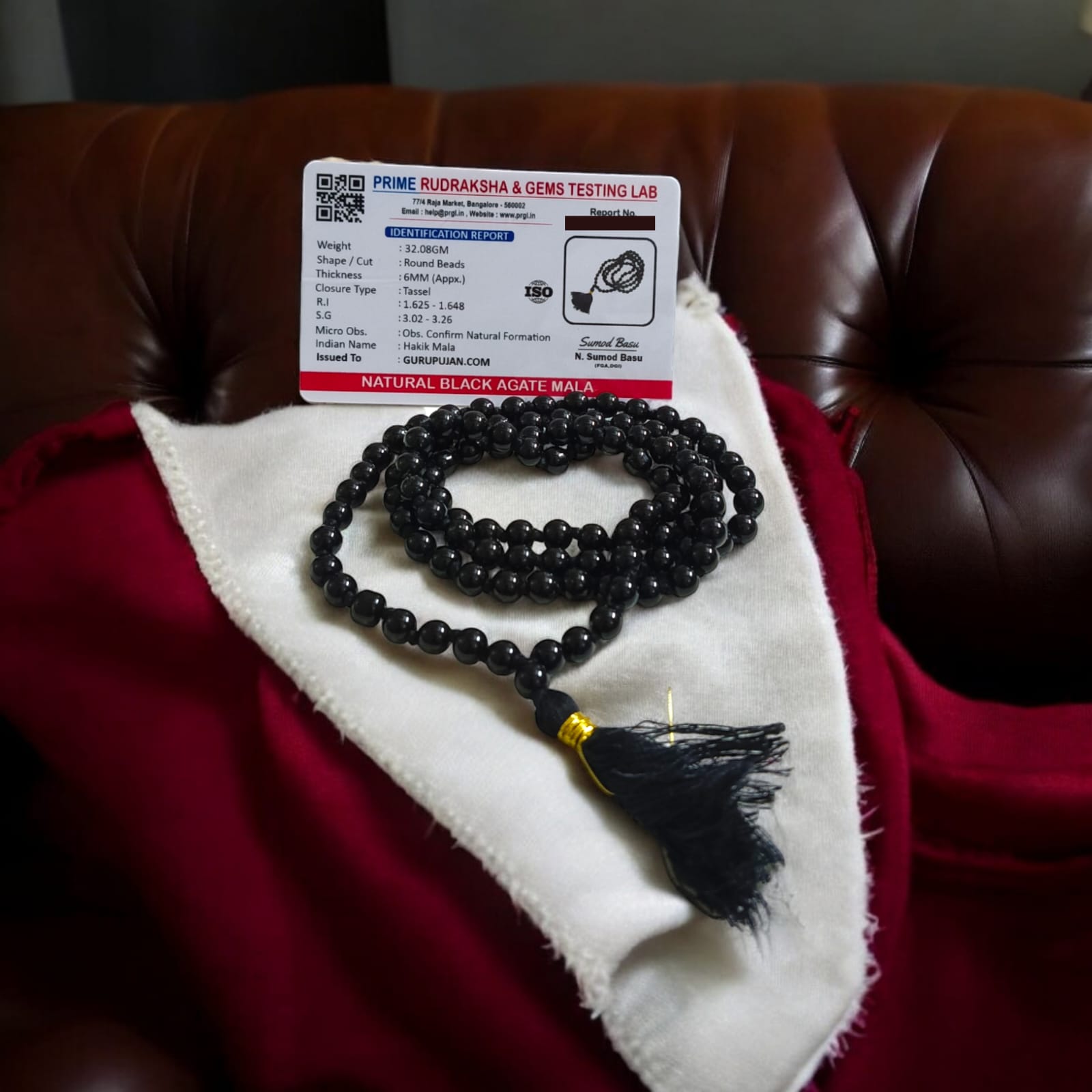 Image of Lab Certified Black Hakik Mala with 108+1 beads (6MM) for spiritual protection and meditation from Gurupujan

