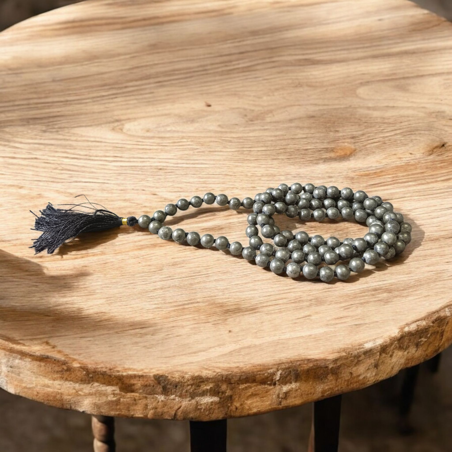 Image of Natural Raw Pyrite Mala with 108+1 beads (8mm size), lab certified and ideal for chanting, healing, and wealth attraction